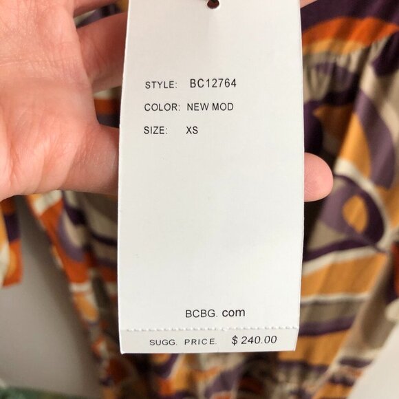 NEW BCBGMAXAZRIA Drop Waist Dress Mustard Orange Printed Swirl 60s 70s Mod Retro - Picture 7 of 9